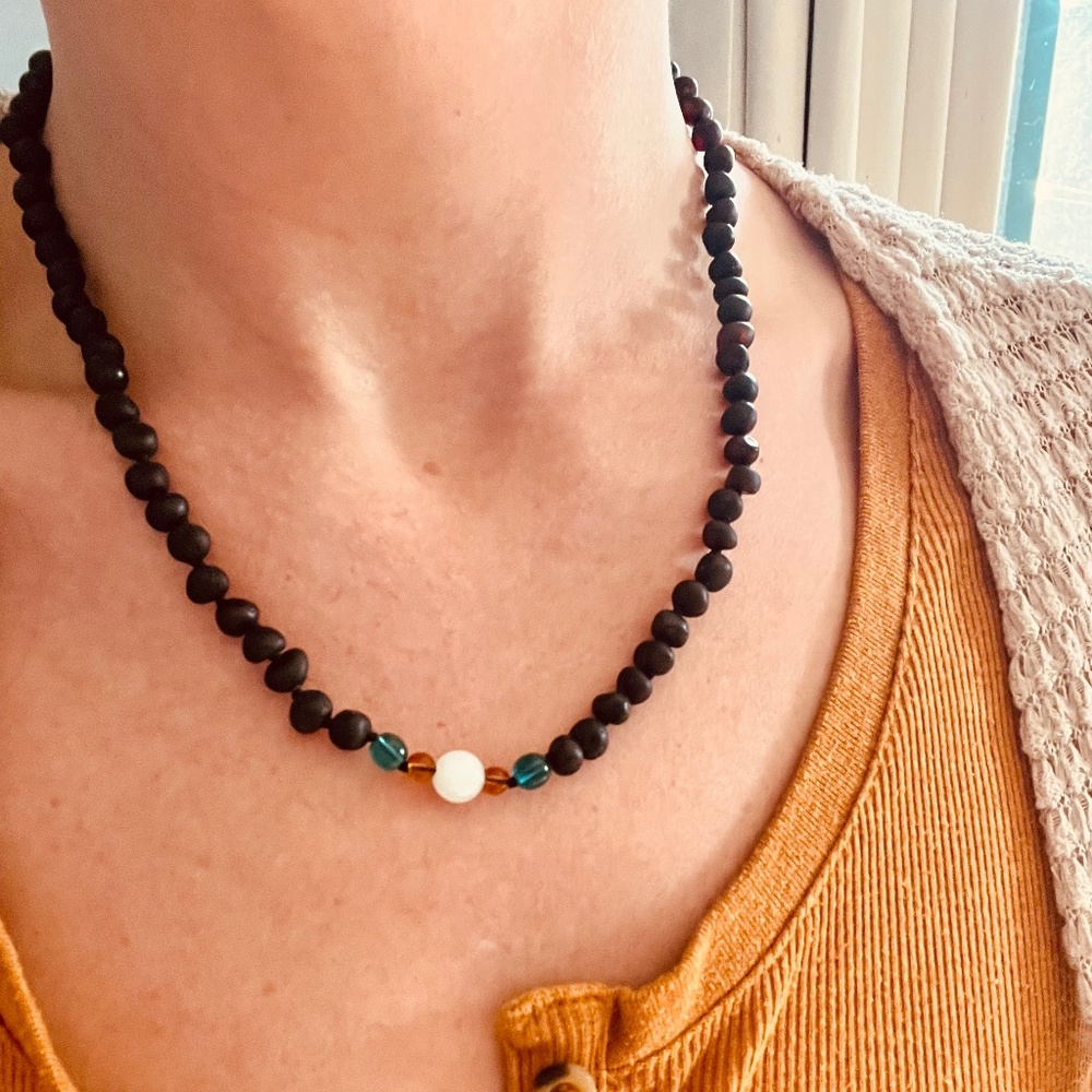 Healing Baltic Amber and Blue Jade Necklace